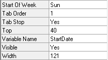 Object properties for a date edit object. The variable name has been changed to read start date.